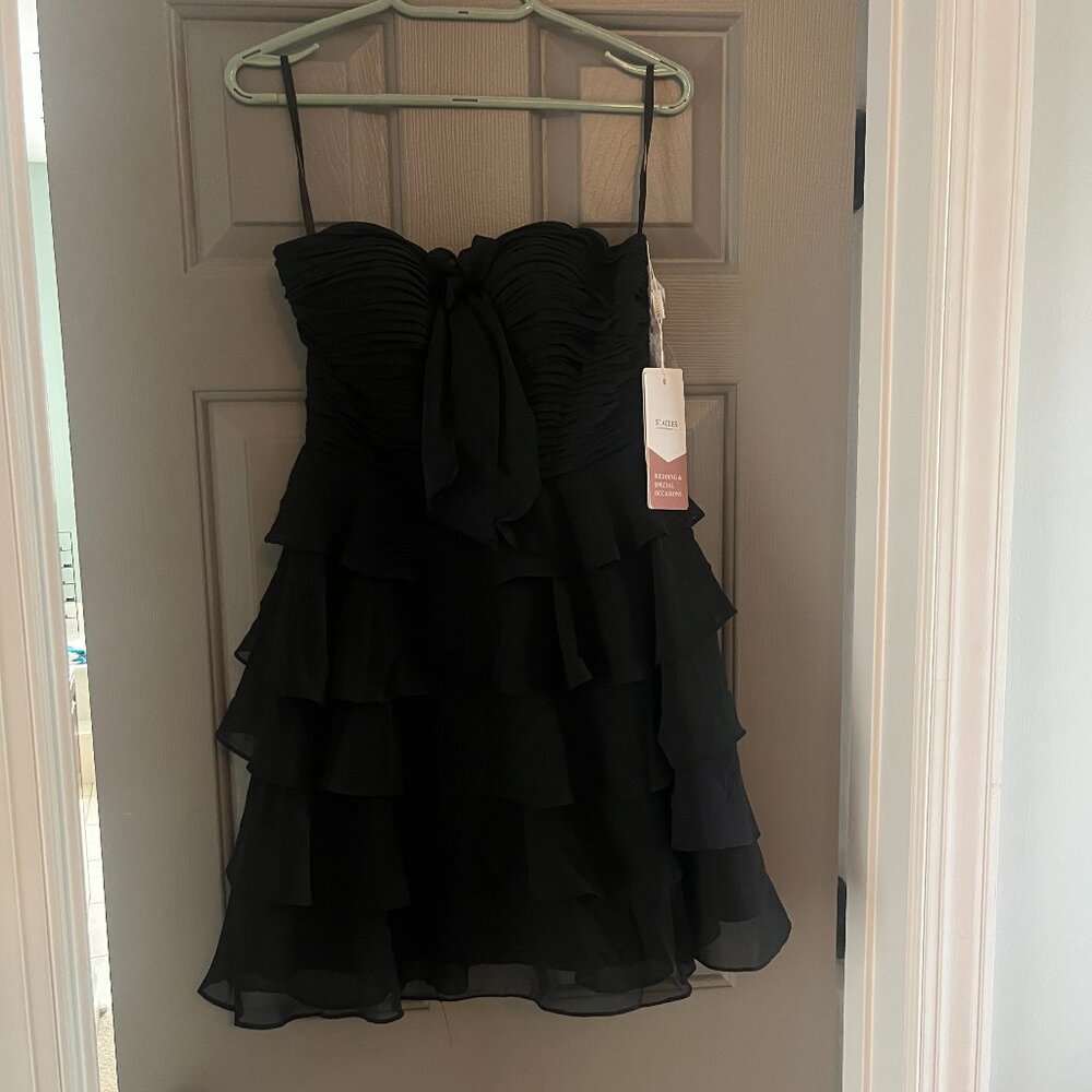 A-line Black Ruched Strapless Chiffon Ruffled Dress with Bow, Size 2